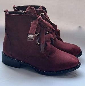 Burgundy Lace Up Ankle Booties Faux Suede